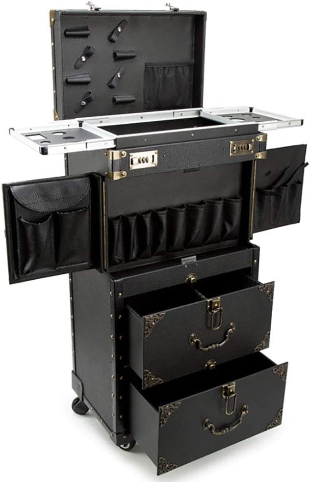 ASCASE Rolling Lockable Makeup Train Case Hairdressing Trolley Stylist Beauty Salon Cosmetic Luggage Travel Organizer Tool Box with Hair Dryer Holder - Image 2